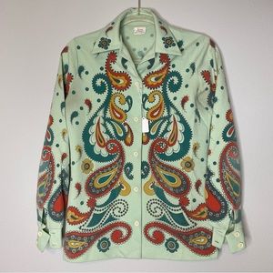 60s Jane Colby Trippy Paisley Top Shirt Hippie Vintage Boho
